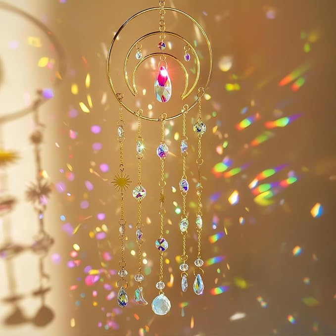 H&D HYALINE & DORA Crystal Suncatcher Moon Sun Catcher Window Suncatchers Crystal Wind Chimes for Window Home Garden Backyard Decor Light Catchers Gift for Women