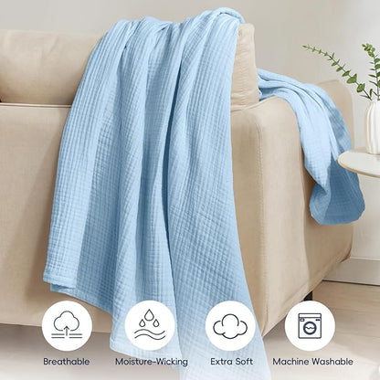 PHF 100% Cotton Muslin Throw Blanket 50" x 60", 4-Layer Lightweight Gauze Throw, Breathable Cloud-Soft Minimalist Blanket for Bed, Couch, Camping & Baby, Sky Blue, Ideal Gift