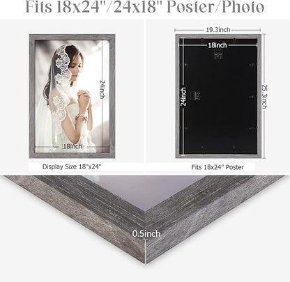 18 x 24 Frame Rustic Grey, 18 by 24inch Poster Frame Distressed Gray, Large Retro Natural 24x18 Gallery Family Concert Portrait Picture Photo Frame, Anniversary Wedding Thank you Christmas Gift