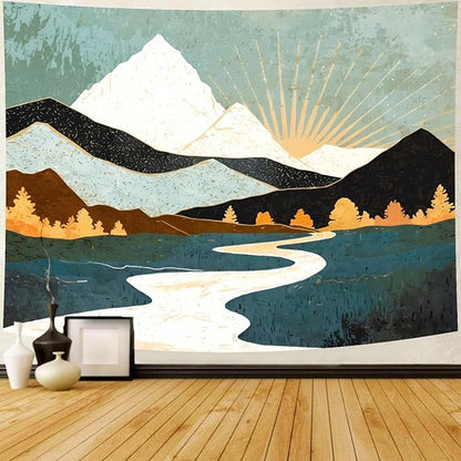 Delur Boho Mountain Tapestry Sunset Nature Forest Tree Landscape Wall Hanging Tapestry Sunrise Abstract Psychedelic Headboard for Bedroom Living Room Home Decor (59.1" x 78.7")