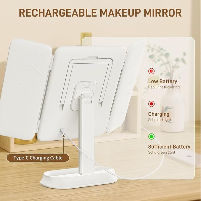 Vanity Mirror with Lights - Rechargeable Lighted Makeup Mirror | 1X/3X/5X Magnification, Smart Touch, 3 Colors Dimmable | Portable Trifold Mirror for Travel - Valentines Day Gifts for Her