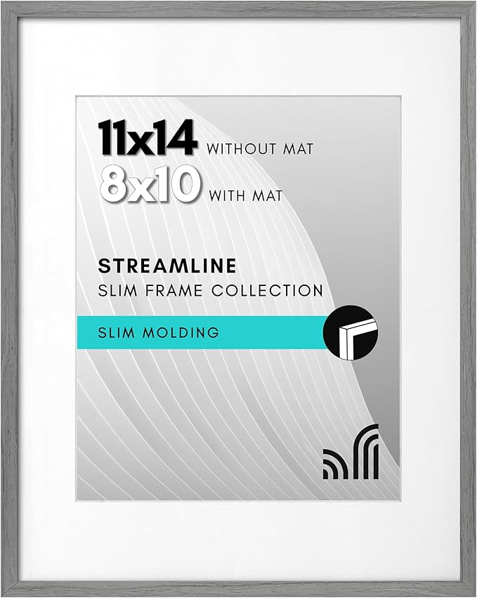 Americanflat 11x14 Picture Frame with Shatter-Resistant Glass - Use as 8x10 Frame with Mat or Display 11x14 Photo Without Mat - Streamline Collection - Thin Border Picture Frames for Wall - Grey