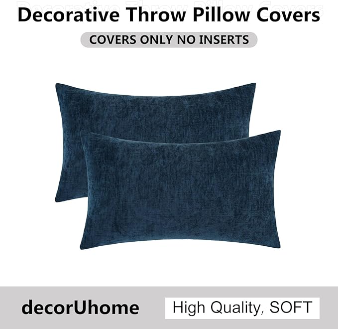 decorUhome Chenille Navy Blue Spring Throw Pillow Covers 12x20 Inch Set of 2, Decorative Soft Couch Pillow Covers Solid Dyed Accent Farmhouse Neutral Rectangle Pillow Cases for Sofa