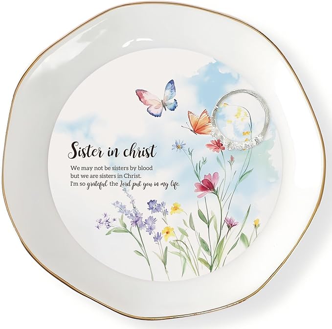 HOME SMILE Sister in Christ Jewelry Ring Dish Tray with Dynamic Butterfly Pattern Shifts,We May Not Be Sisters By Blood But We Are Sisters in Christ,Best Friend Soul Sister Birthday Wedding Gifts