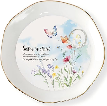 HOME SMILE Sister in Christ Jewelry Ring Dish Tray with Dynamic Butterfly Pattern Shifts,We May Not Be Sisters By Blood But We Are Sisters in Christ,Best Friend Soul Sister Birthday Wedding Gifts