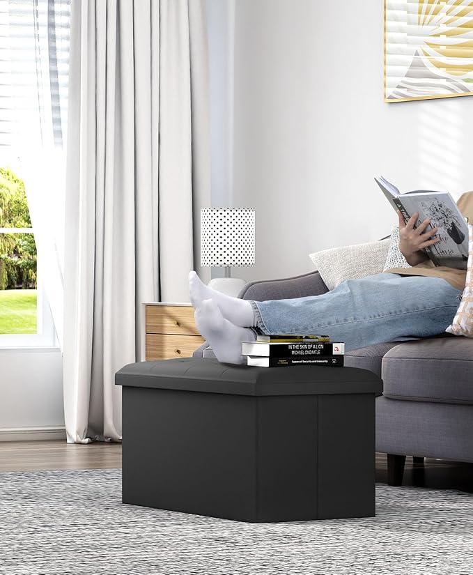 Folding Storage Ottoman Bench, Multi-Functional Ottoman Footrest, End of Bed Bench, Storage Chest for Living Room, Bedroom, Hallway, Entryway, Holds Up to 600 lbs (Black, 30 Inches)