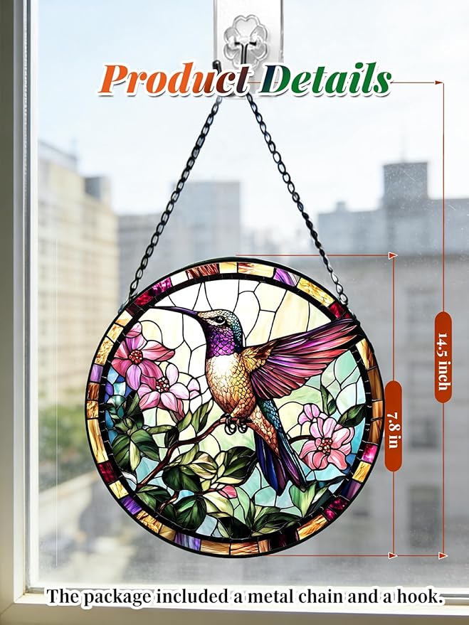 Stained Glass Window Hanging, Hummingbird Suncatcher for Door Home Decor, Birds Flowers Sun Catcher Ornament Mother's Day Birthday Gifts for Bird Lovers Women Men Mom 7.8 in