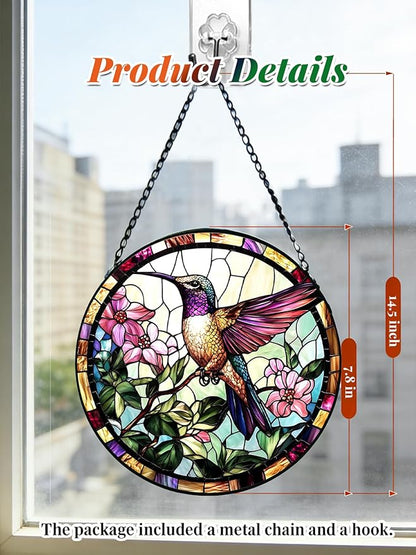 Stained Glass Window Hanging, Hummingbird Suncatcher for Door Home Decor, Birds Flowers Sun Catcher Ornament Mother's Day Birthday Gifts for Bird Lovers Women Men Mom 7.8 in