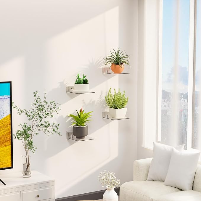 Yieach 5 Inch Mini Shelf for Wall,4 Pack No Drilling Small Adhesive Shelf,Plant Shelves Indoor,Small Acrylic Floating Shelves for Wall and Display Ledges Picture,Funko,Anime Figure,Figurine,Clear