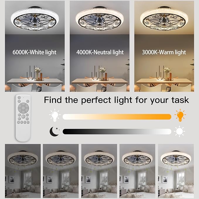 Rustic Black Caged Ceiling Fan with Light, Farmhouse Ceiling Fan Remote Control with Crystal, LED Low Profile Ceiling Light for Bedroom Kitchen Living Room