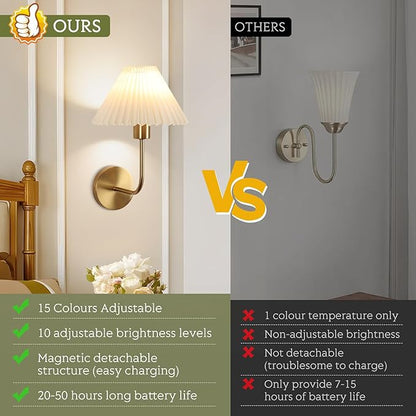 Wireless Wall Sconce Sets of 2, Pleated Shades Rechargeable Battery Operated Wall Sconce, Retro Industrial Gold Wall Lights Bathroom Vanity Sconces, Wall Mounted Lamps for Bedroom Living Room Kitchen