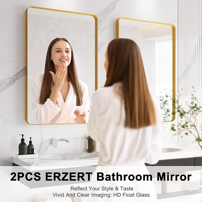 Bathroom Mirrors for Over Sink,2Pcs 24x36Inch Vanity Mirrors for Wall,Gold Metal Frame Rectangle Mirrors for Bathroom, Farmhouse,Restroom,Hangs Horizontally or Vertically