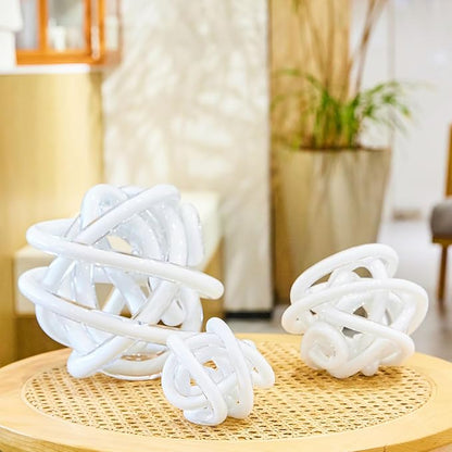 Luxury Lane Hand Blown Infinity Knot Sommerso Decorative Glass Ball for Bowls Home Decor 8 inch Tall Orbit Centerpiece Table Decoration Sculpture White