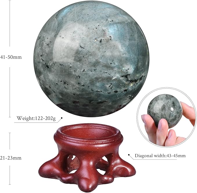 Nupuyai Natural Moonstone Crystal Ball with Resin Stand, Healing Crystal Sphere for Home Decor 1.61"-1.97"(41mm-50mm)