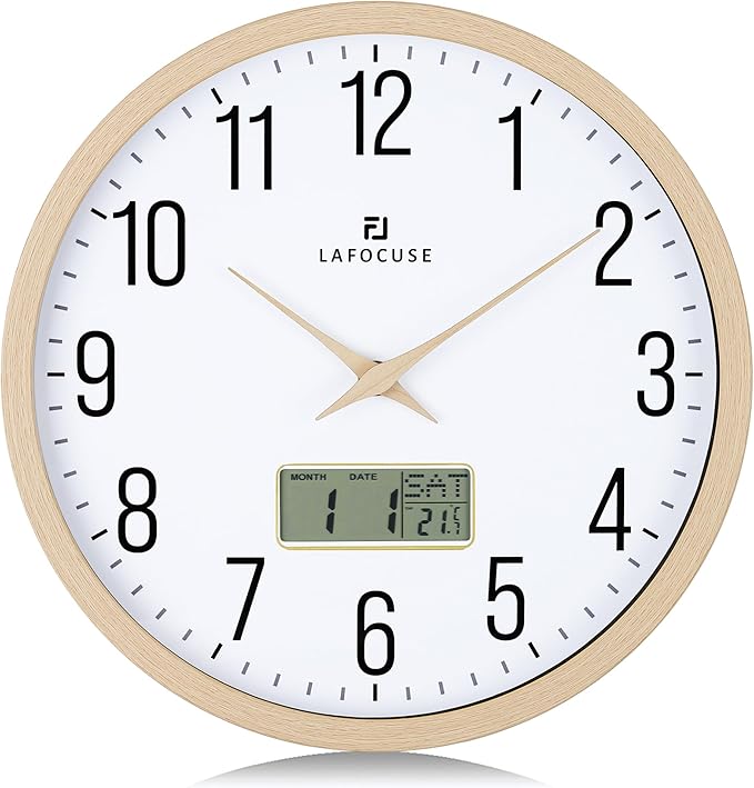 Lafocuse 12 Inch Silent Beige Wall Clock with Time Day Date Temperature, Battery Operated Wall Clock Analog and Digital with Calendar for Kitchen Living Room Home Décor