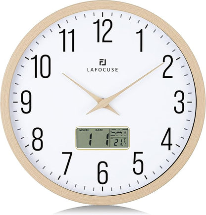Lafocuse 12 Inch Silent Beige Wall Clock with Time Day Date Temperature, Battery Operated Wall Clock Analog and Digital with Calendar for Kitchen Living Room Home Décor