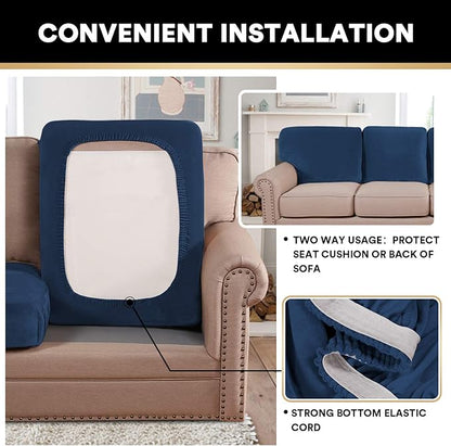 PrinceDeco Couch Cushion Covers, Stretch Washable Sofa Cushion Cover, Fitted Sofa Slipcover Velvet Fabric Non-Slip Furniture Protector for Dog,Pets, Kid (Each Width Up to 29.5", Navy)