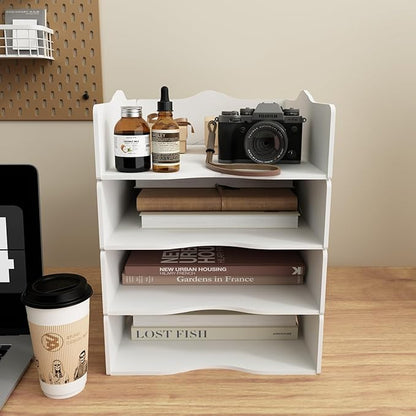 Desk Storage Compartments Stackable Letter Tray Wood for Storage Desk/Document/Paper, File Tray, A4 (White)