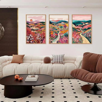 HLNIUC Boho Colorful Wall Art, Floral Mountain Framed Decor(16"x24"), Abstract Wildflower Nature 3 Piece Canvas Painting, Botanical Sunset Forest Art Print for Living Room, Bedroom, Office