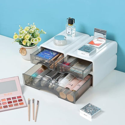 White Desktop Drawers for Paper, Stackable Office Storage Drawers for Desk, Craft Organizer and Storage Bins, 3 Mixed Storage Container with Plastic Drawers for Office Supplies