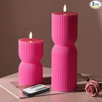 Hot Pink Ribbed Flameless Pillar Candles with Remote, Real Wax Flickering Battery LED Candles Set of 2