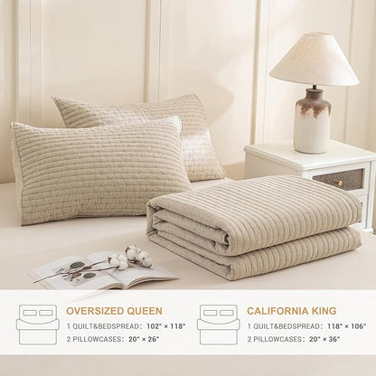 Sanracie Stonewashed Oversized Queen Quilt(102"x118"), Cotton Dark Wheat Color Cross Stitch Pattern Quilt Set 3Pcs Ultra Soft Lightweight Crinkle Bed Coverlet Set for All Season