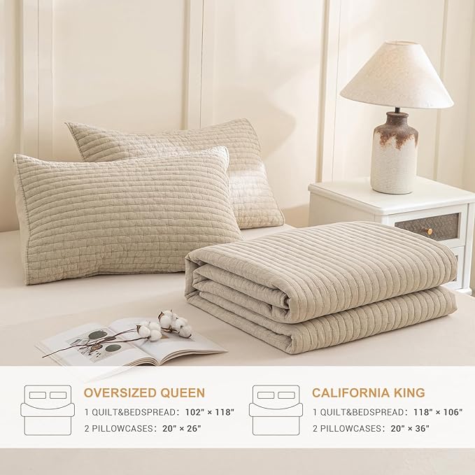 Sanracie Cotton Oversized King Bedspread(118"x106"), Soft Dark Wheat Color Stonewashed California King Quilt Sets Cross Stitch Lightweight Crinkle Coverlet Set 3Pcs for All Season