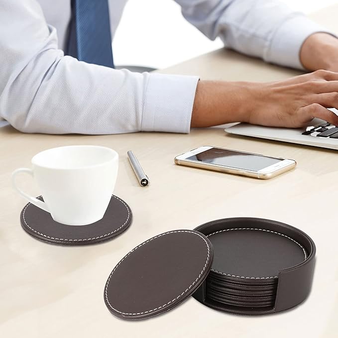 Leather Coasters for Drinks(6 Pack), Handmade Durable Drink Coasters Set with Holder for Tabletop Protection, Luxurious Home Décor and Housewarming Gift (Brown)