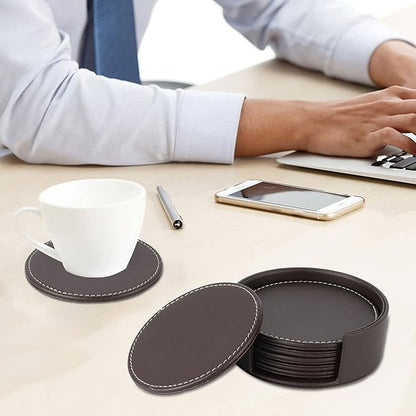 Leather Coasters for Drinks(6 Pack), Handmade Durable Drink Coasters Set with Holder for Tabletop Protection, Luxurious Home Décor and Housewarming Gift (Brown)