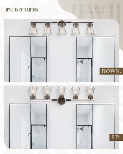 5-Light Bathroom Vanity Light, HWH Farmhouse Vanity Lights for Bathroom Vanity Lamp Oil Rubbed Bronze, Vanity Sconce with Clear Striped Glass, 5HZG97B-5W ORB