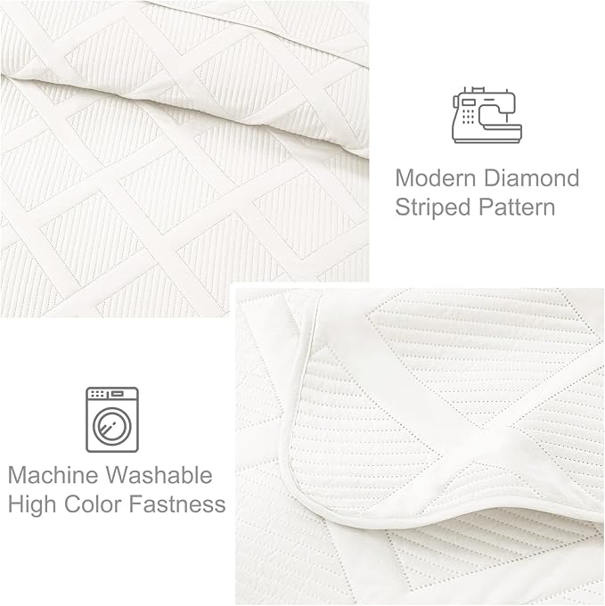 Exclusivo Mezcla Twin Size Quilt Set - White Quilts Bedding Set with 2 Pillow Shams, Modern Bedspread with Striped Pattern, Soft Lightweight Bedspreads Coverlets for All Seasons