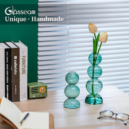Glassseam Glass Vases for Flowers, Green Bud Vases for Decor, Cute Small Vase, Modern Aesthetic Vase, Unique Round Flower Vase, Decorative Bubble Vases for Centerpieces Wedding Table Decorations