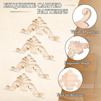 20 Pcs Wood Applique Corner Onlay Decorative Wood Applique DIY Wooden Carved Corner Unpainted Wooden Carved Decals Carving Decal for Furniture Wall Cupboard Bed Cabinet(Classic Style)