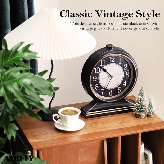 AYRELY® Vintage Desk Clock Silent-Non-Ticking 10-inch dial Table Clock,Retro Mantel Clocks and Easy to Read for Living Room, Bedroom, Shelf Decoration, Fireplace, Farmhouse Decor (Black)
