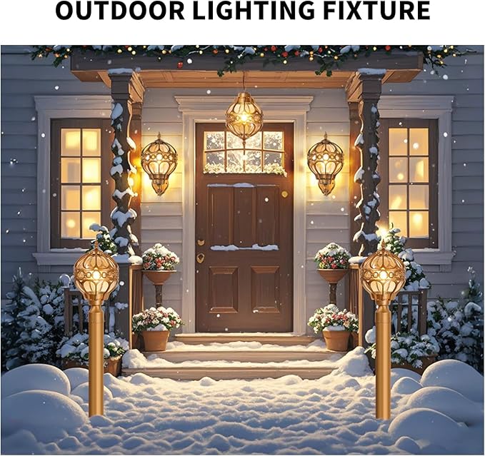 Gold Outdoor Wall Light Fixtures, Globe Exterior Aluminum Waterproof Porch Lights, Sphere Anti-Rust Outside Lantern Wall Mount with Amber Glass for Patio Backyard Garage Doorway Front Door