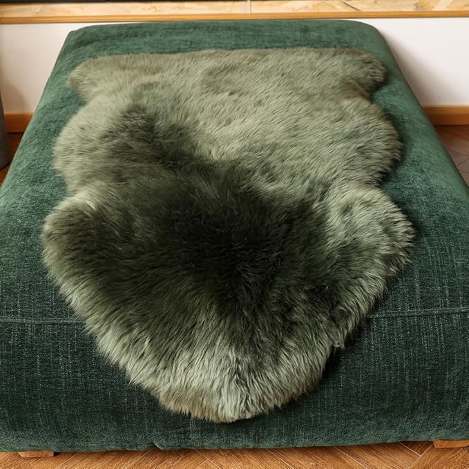 LLB Genuine Sheepskin Area Rug Wool Rug Fur Carpet Fluffy Shaggy Fur Rug for Living Room Kids Bedroom Real Sheepskin Throw Lambskin Rugs Sofa Mat Chair Seat Covers (Dark Green, 2 x 3 ft Sheepskin)