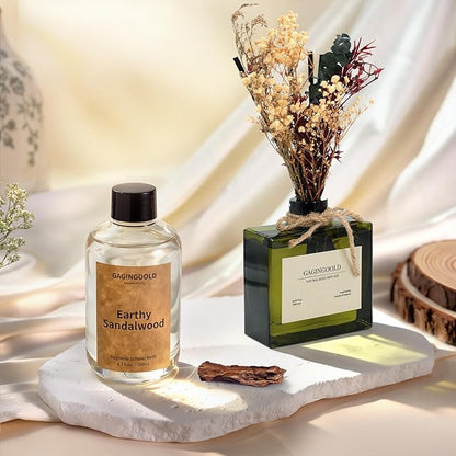 Earthy Sandalwood Scented Reed Diffuser Oil Refill with 10 Sticks, 120 Days Long Lasting for Home, Elegant Fragrance for Bathroom Bedroom Office Decor Air Fresh, 6.7 fl oz / 200 ml