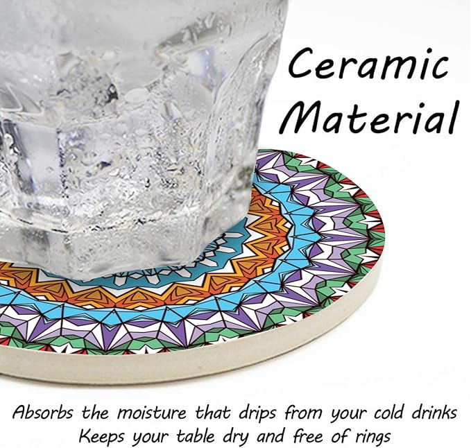 Coasters Set of 6 Mandala Pattern Ceramic Drink Coaster with Cork Base Modern Style Coasters for Mugs and Cups Office Kitchen 4 in