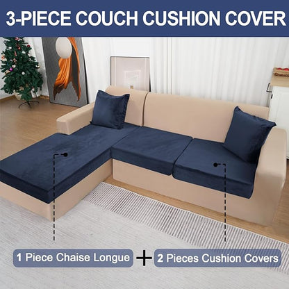 Sectional Couch Covers for 3-Piece Seat Cushion Velvet Separate L Shape Couch Cover Stretch Sofa Slipcover with 2 Pieces Pillowcases Furniture Protector (Sofa 2 Seater + 1 Chaise, Navy)