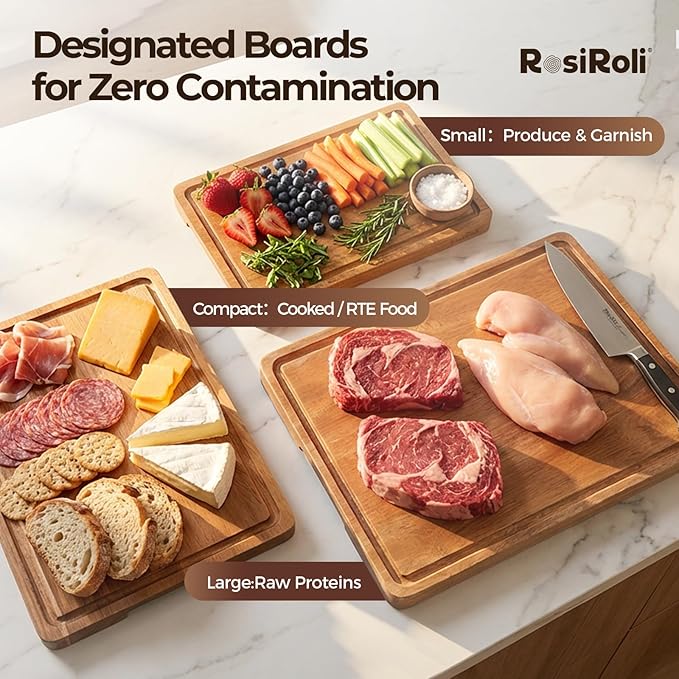Acacia Wood Cutting Board for Kitchen, Set of 3 - Durable 1" Thick Chopping Boards with Juice Grooves & Handles for Prep & Serving, Impressive Gift for Housewarming, Christmas, and Home Chefs