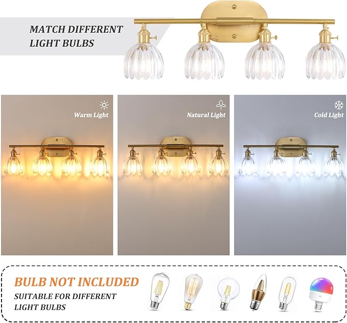 Bathroom Light Fixtures, 4-Light Brass Vanity Wall Light Over Mirror with Clear Tulip Glass Shade for Bedroom Living Room (Bulb Not Included)