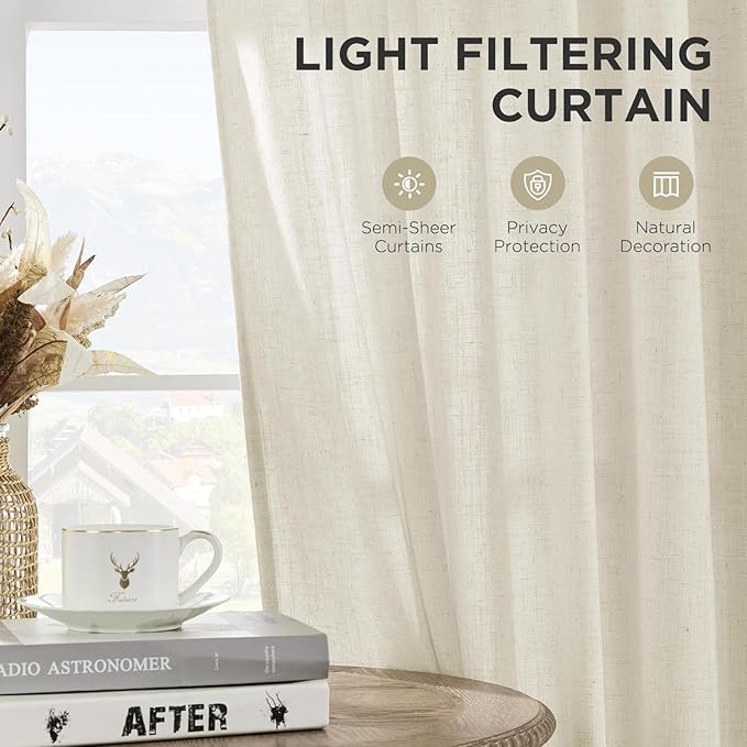 Joydeco Linen Curtains for Living Room,Light Filtering Rod Pocket Back Tab Semi Sheer Drapes Window Long Curtains 63 inches Long Ivory