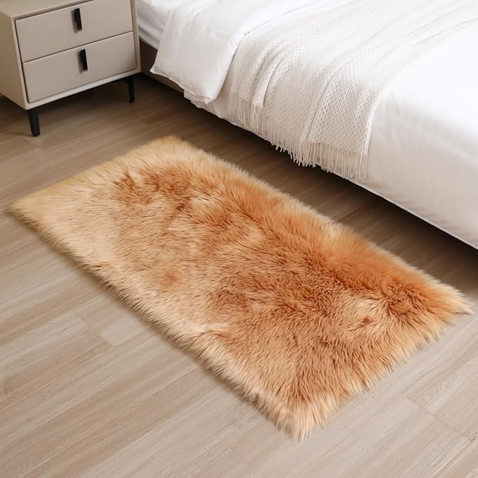 Fluffy Faux Fur Rug Brown Sheepskin Area Rug,2x4 Ft Ultra Soft Shaggy Plush Rug for Bedroom Bedside Living Room Nursery Kids Room