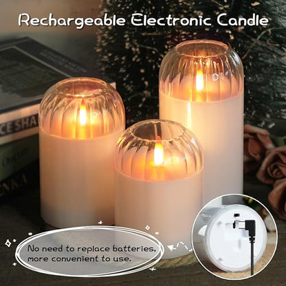 Rechargeable Jar Flameless Candle, Flashing LED Pillar Real Wax Candle with Remote Control and Timer, White Pumpkin Glass Electronic Candles for Room Decoration, 1 Set of 3