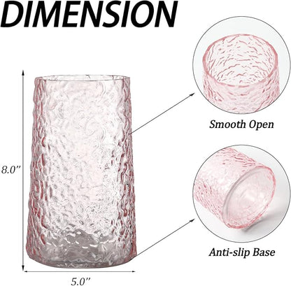 Pink Glass Vase, Flower Vases for Bouquet, Modern Glass Vase for Flowers, Large Vases for Living Room, Bedroom, Kitchen, Office, Wedding, Dining Table, 8 Inches