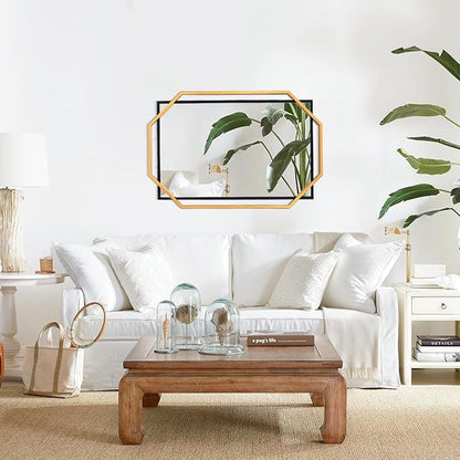 Bathroom Mirror, 40" x 28" Decorative Wall Mirror for Wall, Black and Gold Frame, Modern Metal Octagonal, for Living Room, Dining Room, Entryway