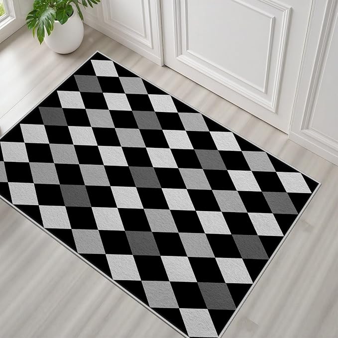 Black and White Rug 2x3, Rhombus Geometric Soft Ultra Soft Faux Wool Low Pile Rug, Indoor Floor Mats Carpet, Non-Slip Stain Resistant Washable Rugs, Modern Abstract Checkered Rugs for Living Room