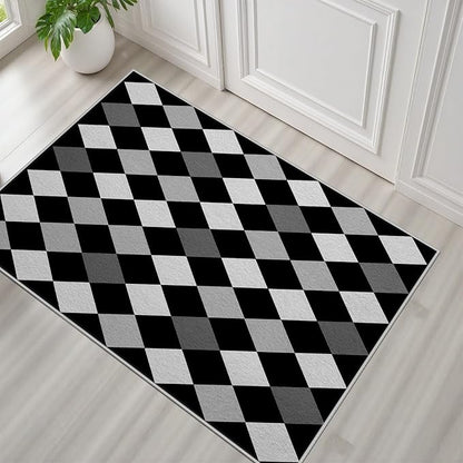 Black and White Rug 2x3, Rhombus Geometric Soft Ultra Soft Faux Wool Low Pile Rug, Indoor Floor Mats Carpet, Non-Slip Stain Resistant Washable Rugs, Modern Abstract Checkered Rugs for Living Room