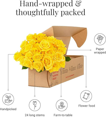 BloomsyBox - Yellow Roses - 24 Long Stems,Long Lasting, Hand-Tied in Eco-friendly,Vase Not Included, Fresh Flowers for Delivery – Gift for Birthday, Anniversary,Congratulations, Wedding