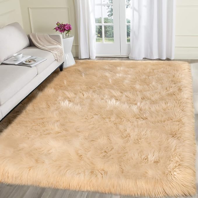 SERISSA Faux Fur Area Rug, 5x8 Feet, Beige, Luxury Shaggy Rug for Living Room, Bedroom, Nursery Decor